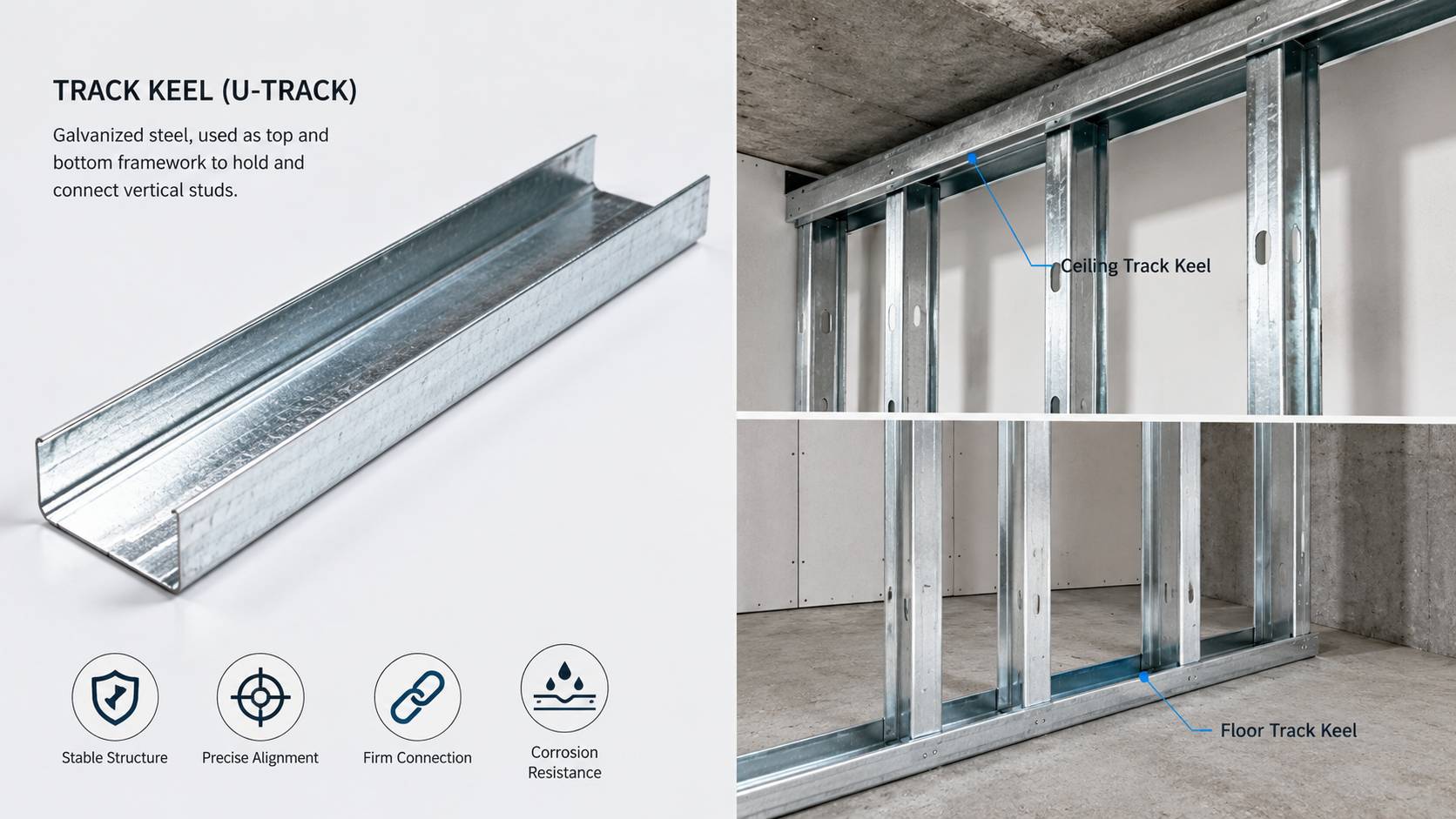Rail de quille en U utilisé pour la structure du plafond et du plancher dans un système de quille métallique commercial