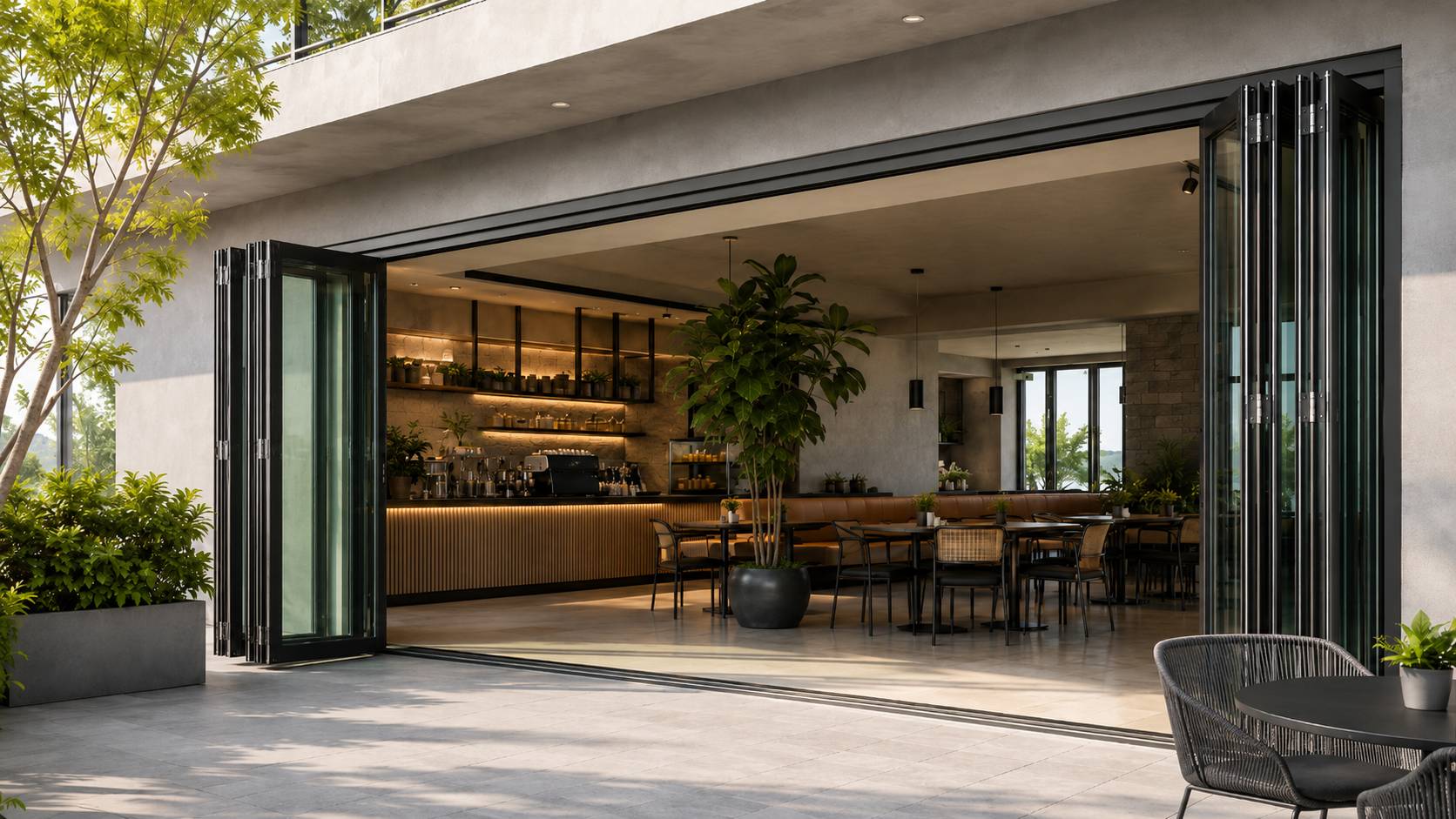 Aluminium folding door with one side stacked open and the other side closed in a modern commercial space