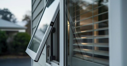 Aluminum awning window with outward opening design for ventilation and rain protection in modern commercial buildings